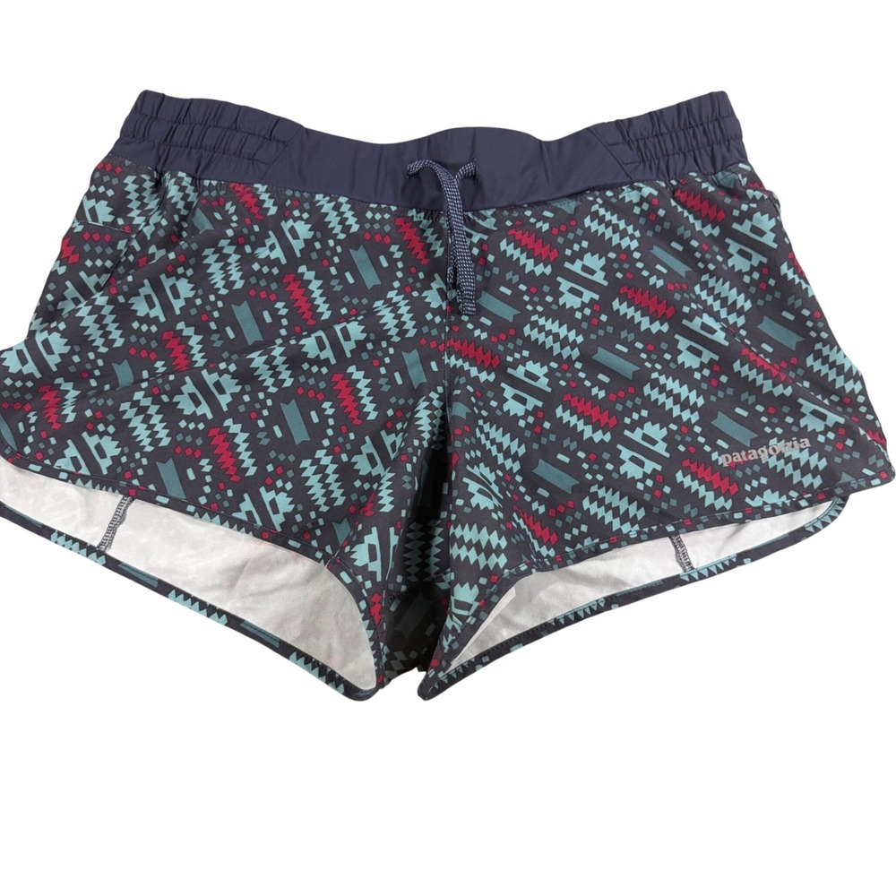 Patagonia Strider Running Shorts Womens Small Geometric‎ Print Navy Teal Red 3"